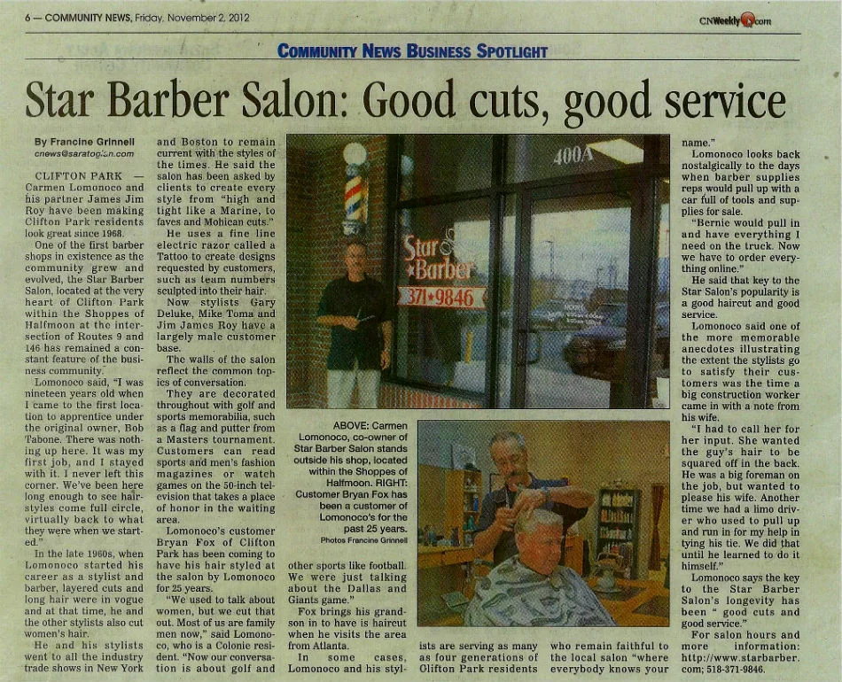 Preserved newspaper clipping of the Community News Business Spotlight from November 2, 2012, headlined “Star Barber Salon: Good cuts, good service,” with photographs taken at the shop