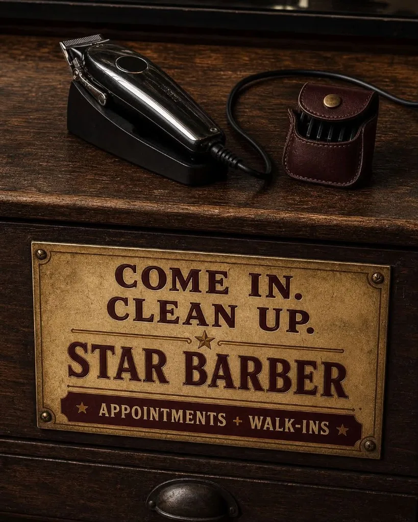 Clippers and Star Barber appointments and walk-ins sign on a mahogany station
